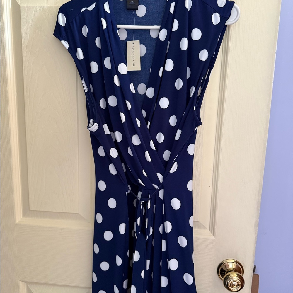 Ann Taylor Blue and White Midi Wrap Dress with V-Neck